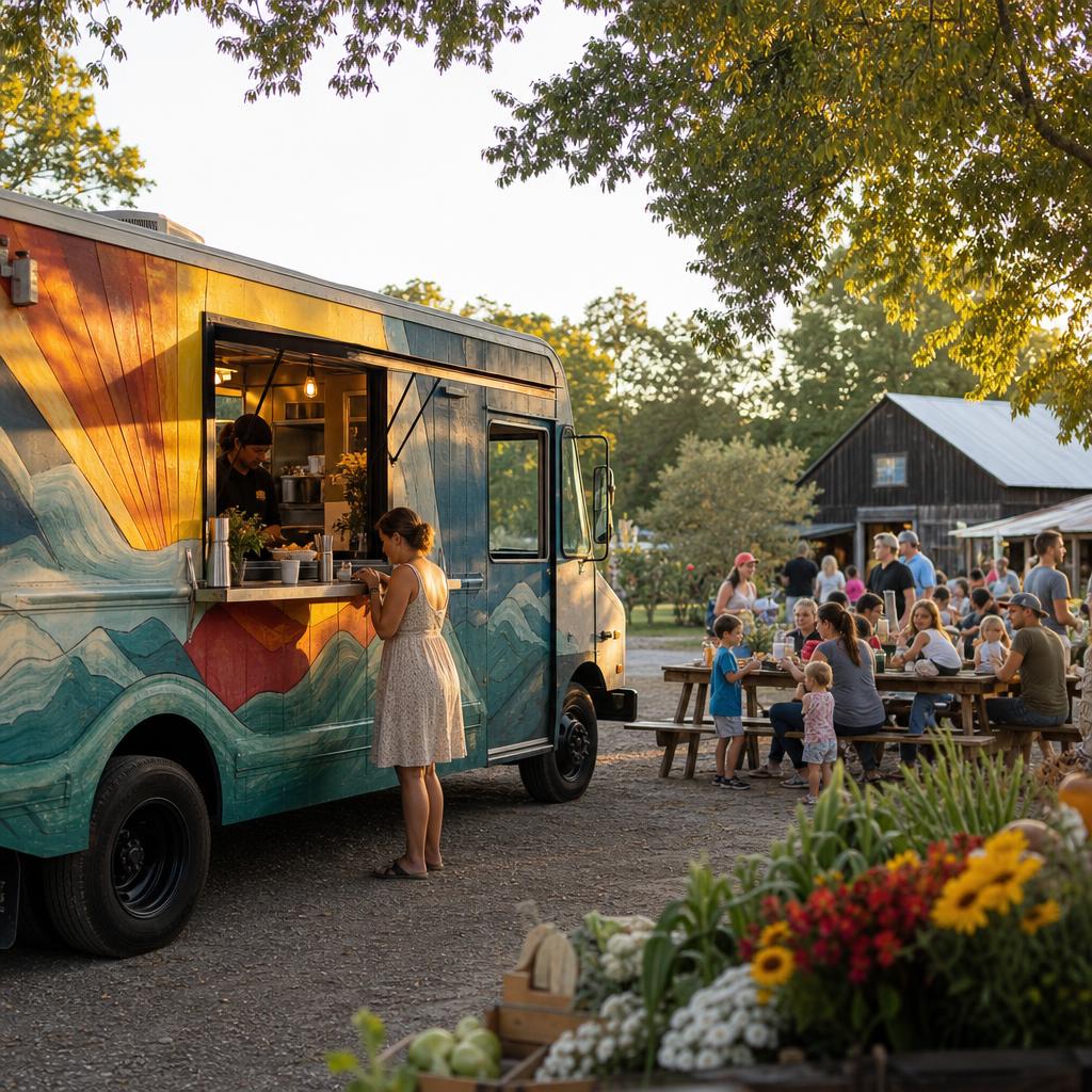 A food truck serving families at a Cumberland County outdoor market near farm fields